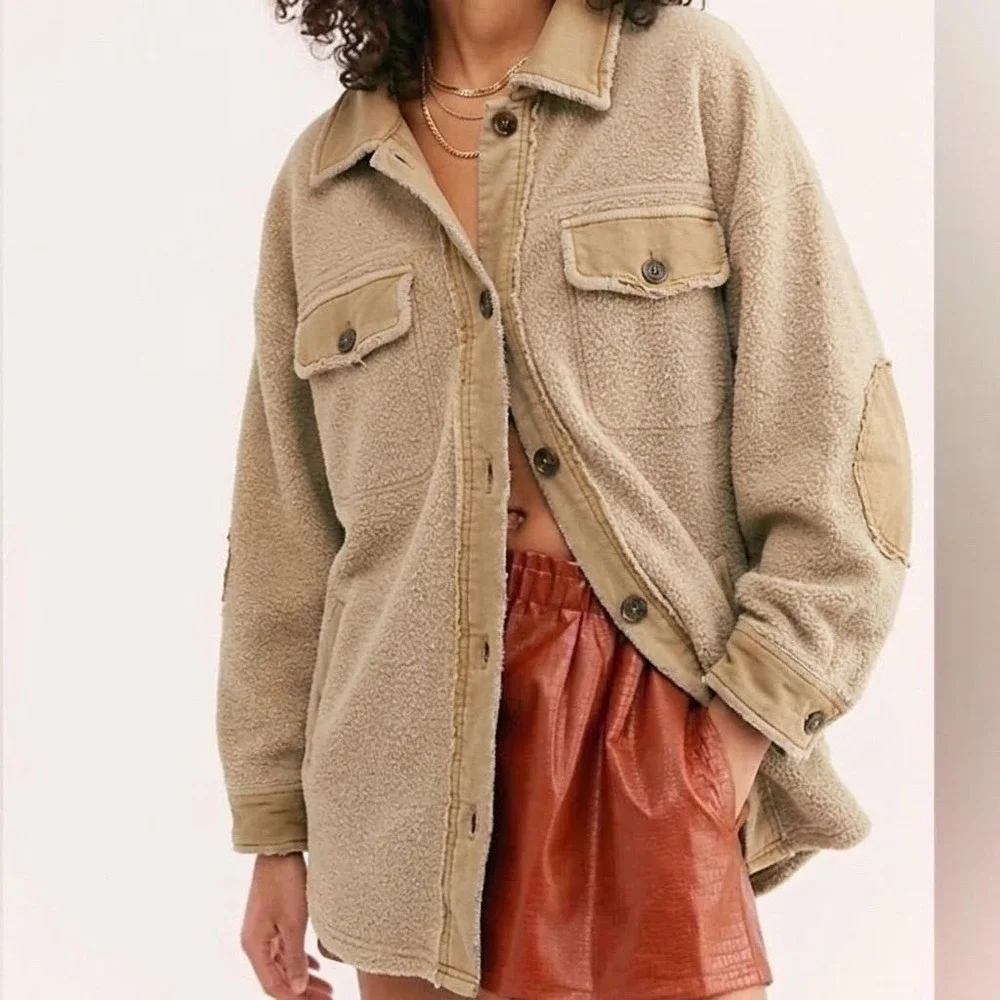 Free People Ruby Shirt Jacket XS Tan Fleece Shacket Elbow Patches Grunge Indie